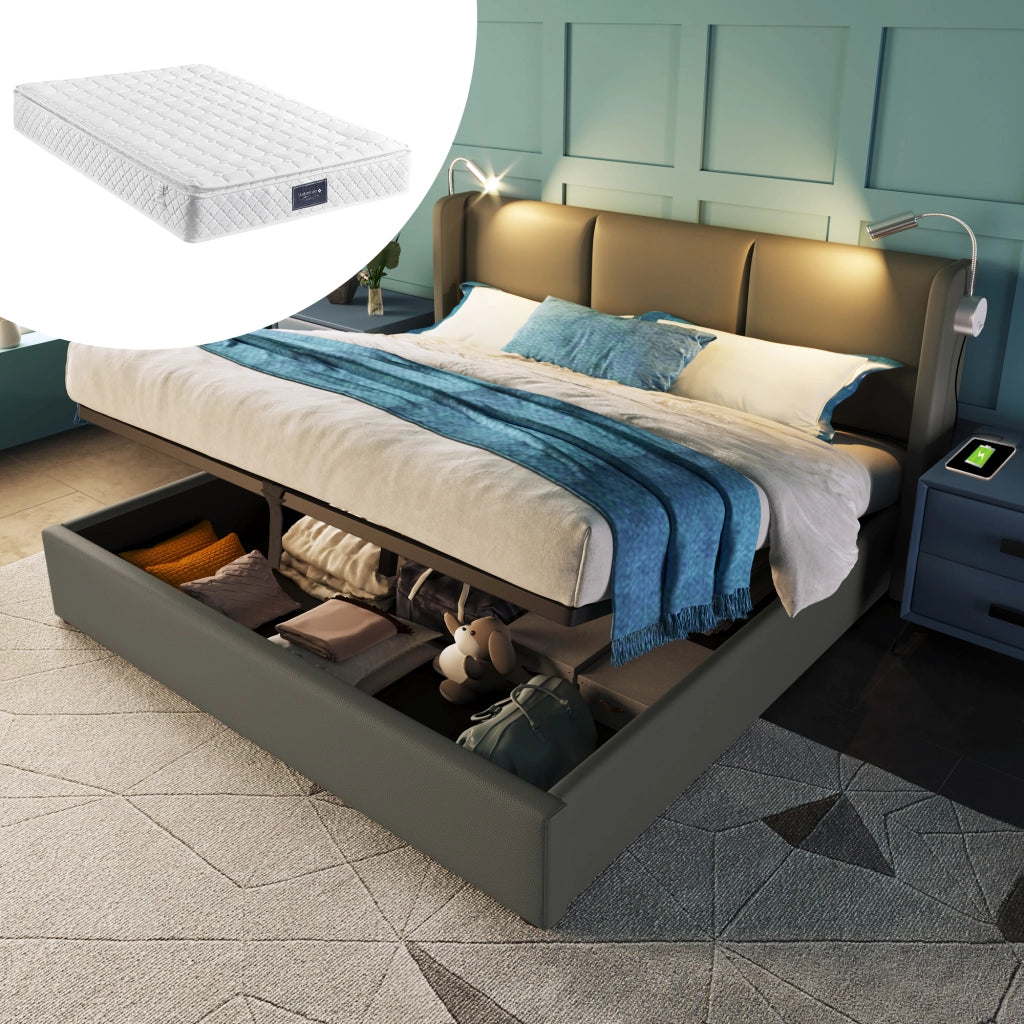 Letto contenitore matrimoniale 140 × 200 cm con luce da lettura e ricarica USB, materasso incluso, grigio