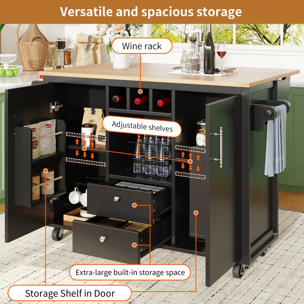 Isola da cucina mobile con piano ribaltabile; 2 cassetti; portabottiglie; ruote girevoli e ripiani nera