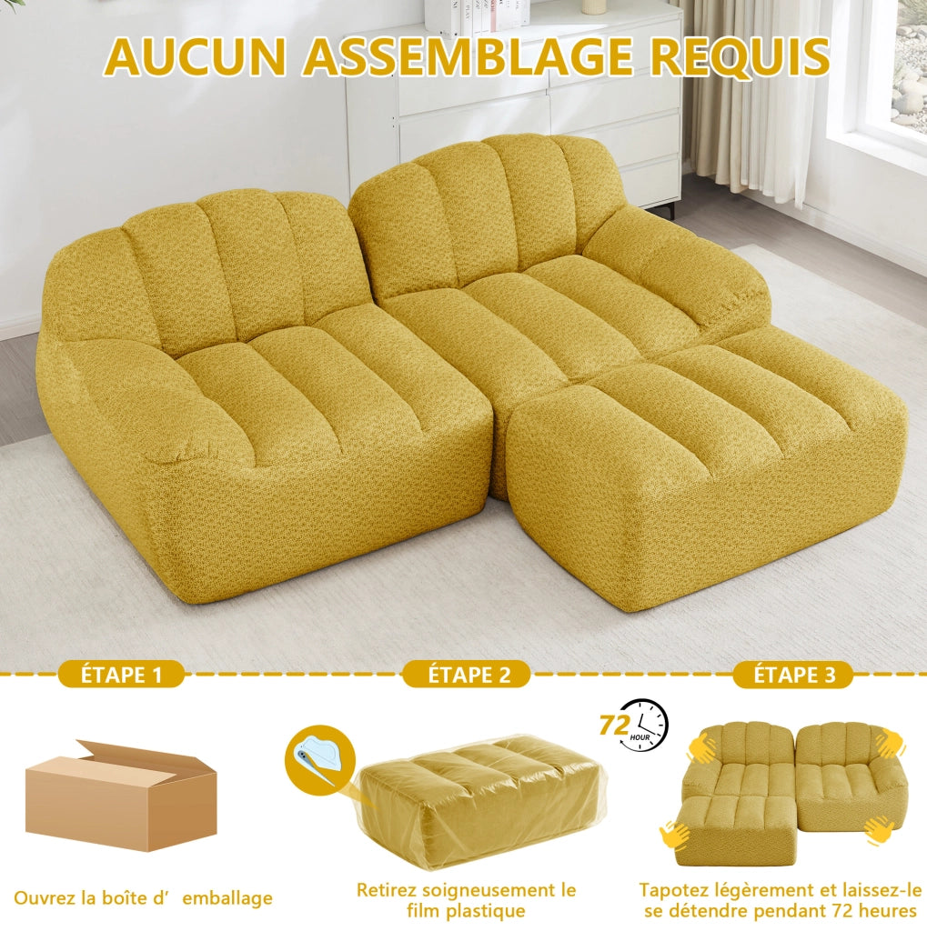 Divano modulare a 2 posti a forma di L con pouf, imbottitura in schiuma ad alta densità, rivestimento in fleece granulato giallo per soggiorno