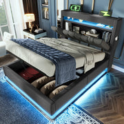 Letto singolo 90x200 cm, testiera con contenitore idraulico, porte USB e Type-C, LED su testiera e pediera, lino grigio, senza materasso