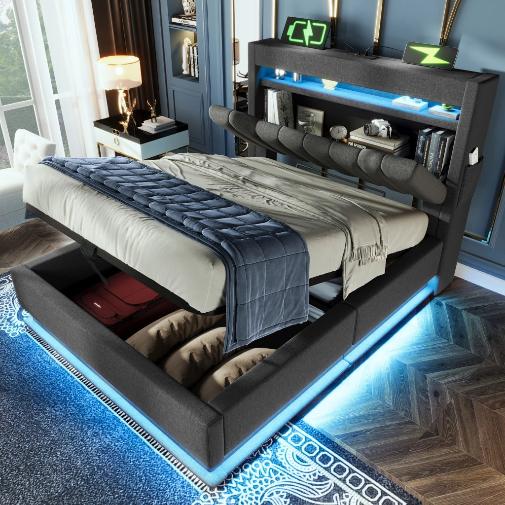 Letto singolo 90x200 cm, testiera con contenitore idraulico, porte USB e Type-C, LED su testiera e pediera, lino grigio, senza materasso