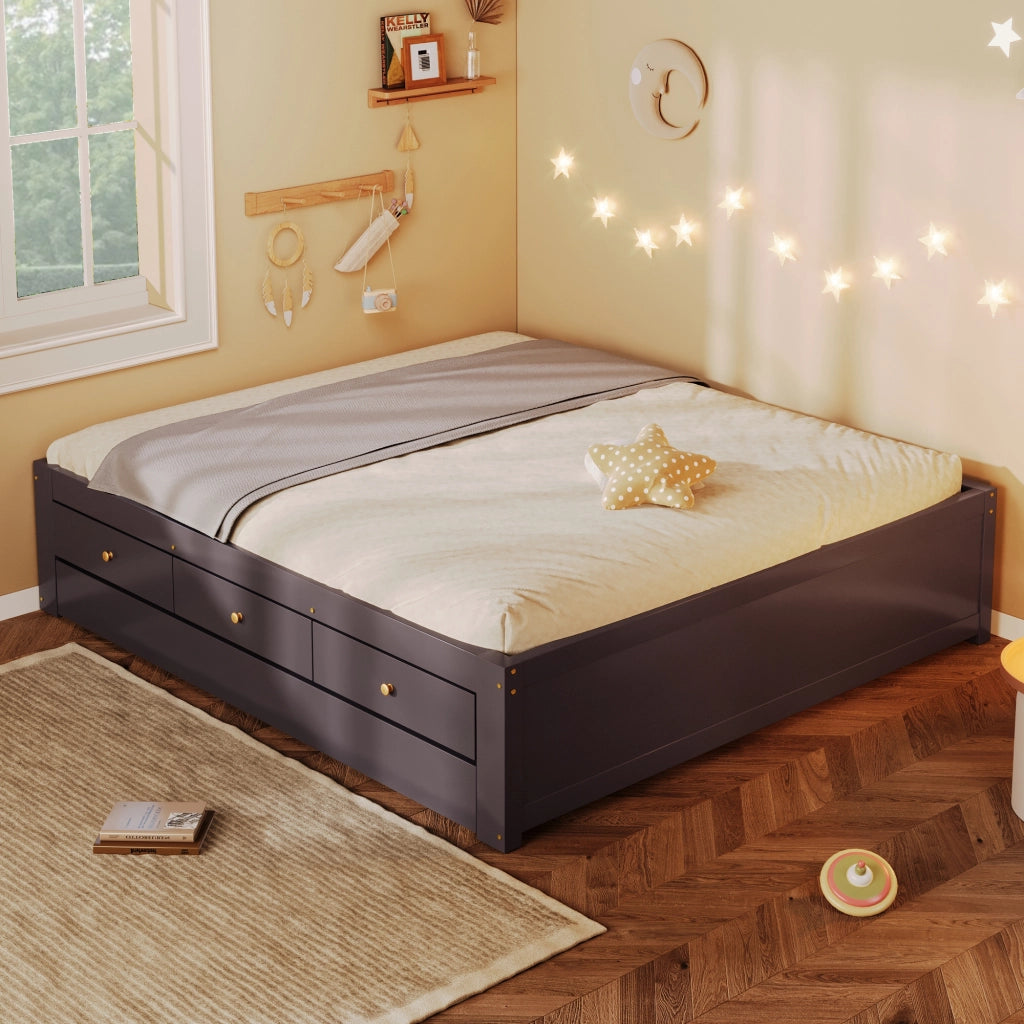 Letto matrimoniale con 3 cassetti e letto estraibile in MDF e pino color caffè per camera da letto