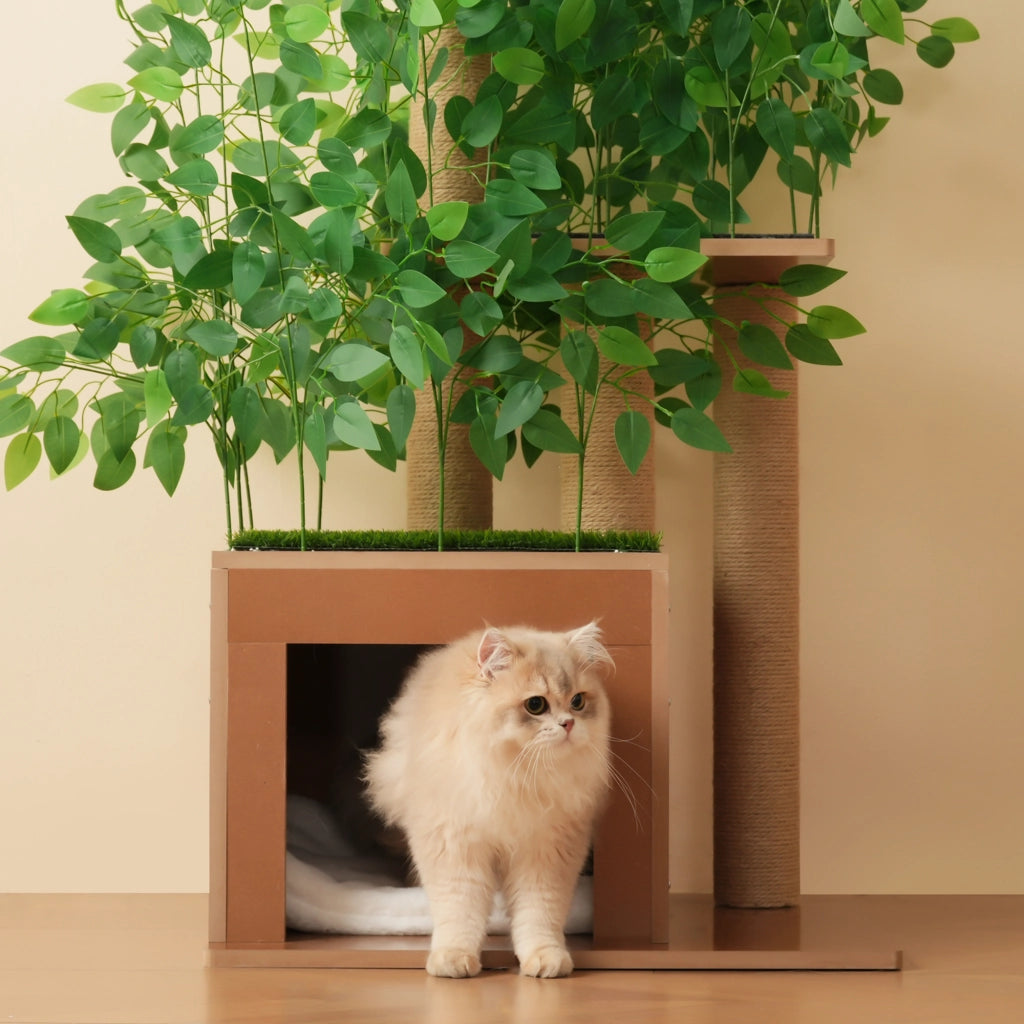 Albero tiragraffi per gatti alto 190 cm con 4 piattaforme; cuccia e foglie removibili; verde