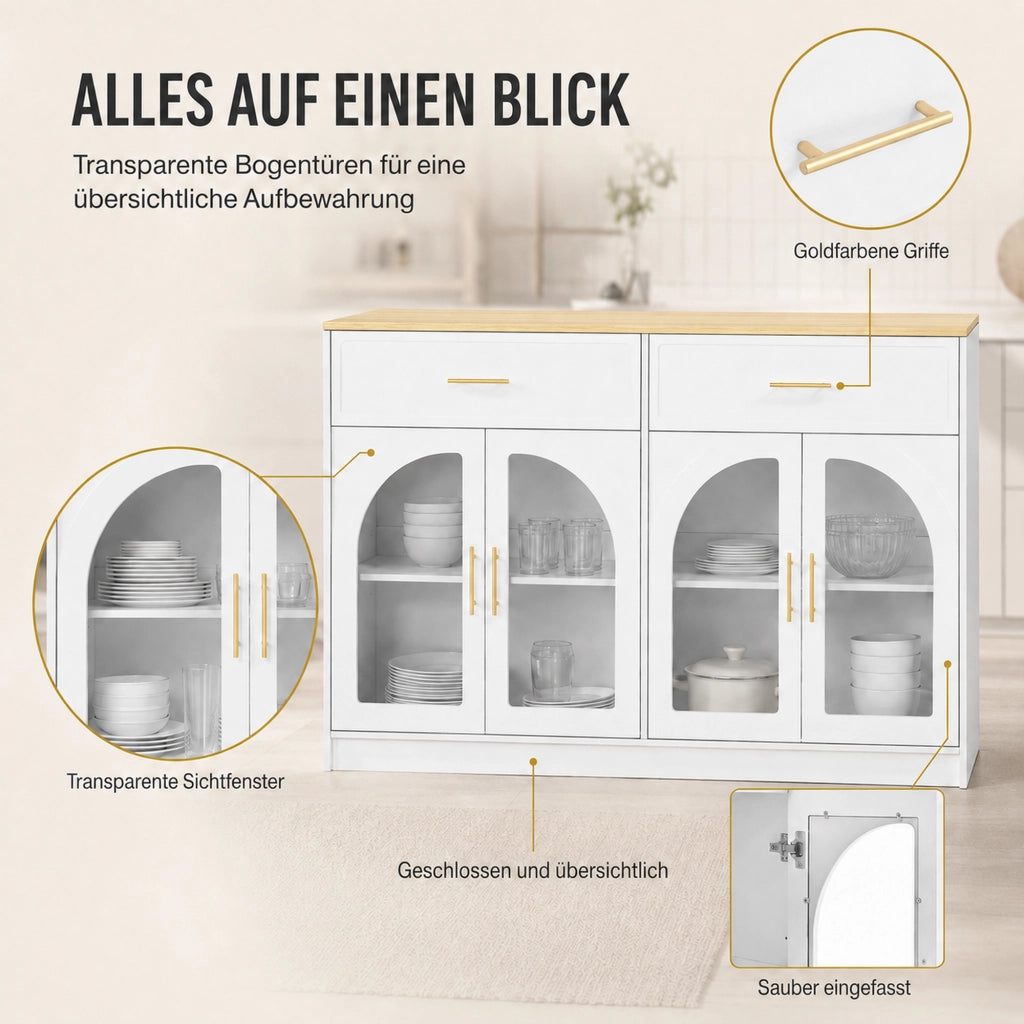 Isola da cucina con LED; ante trasparenti; 2 cassetti e ripiani regolabili bianca in MDF 135 × 55 × 91 cm