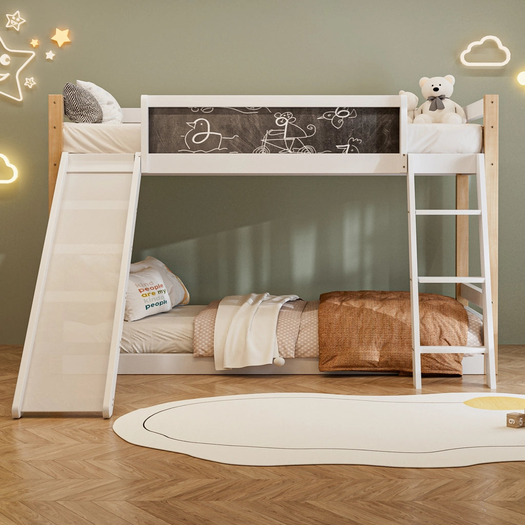 Letto a castello per bambini con scivolo e scala; 90x200 cm; bianco
