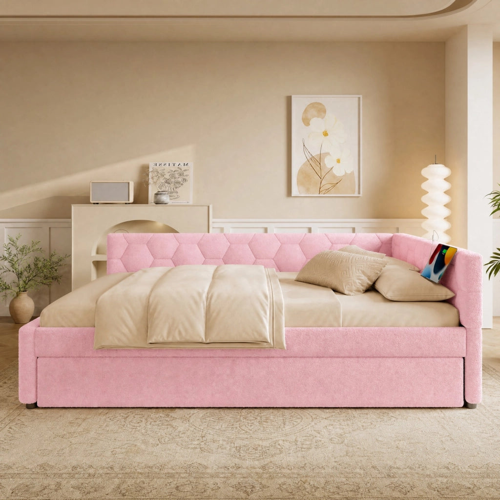 Letto con letto estraibile 140 × 200 cm con rete a doghe USB Type-C luce da comodino rosa