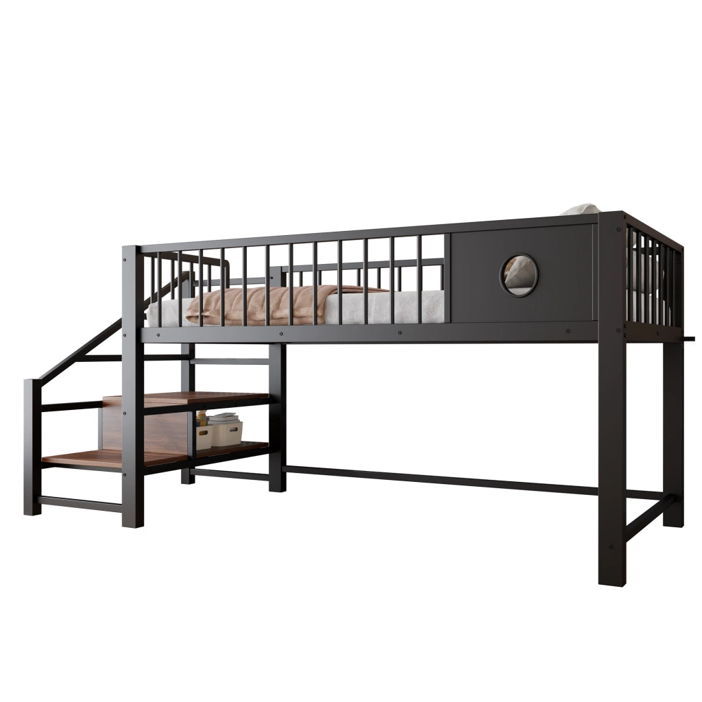 Letto a soppalco basso per bambini 90 × 200 cm con scala contenitore in metallo e MDF nero