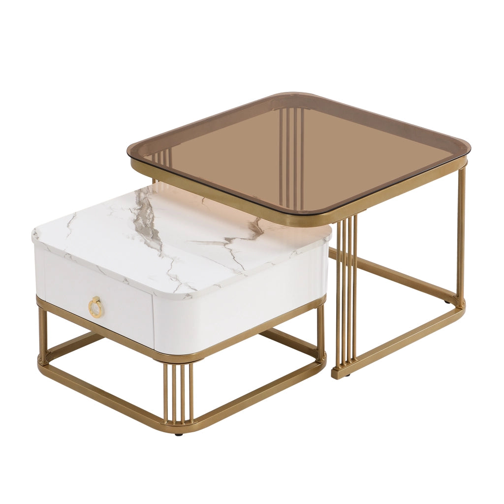 Tavolini da salotto a incastro con 1 Cassetto; Effetto Marmo Lucido e Vetro Color Tè; Moderno; in MDF; Bianco