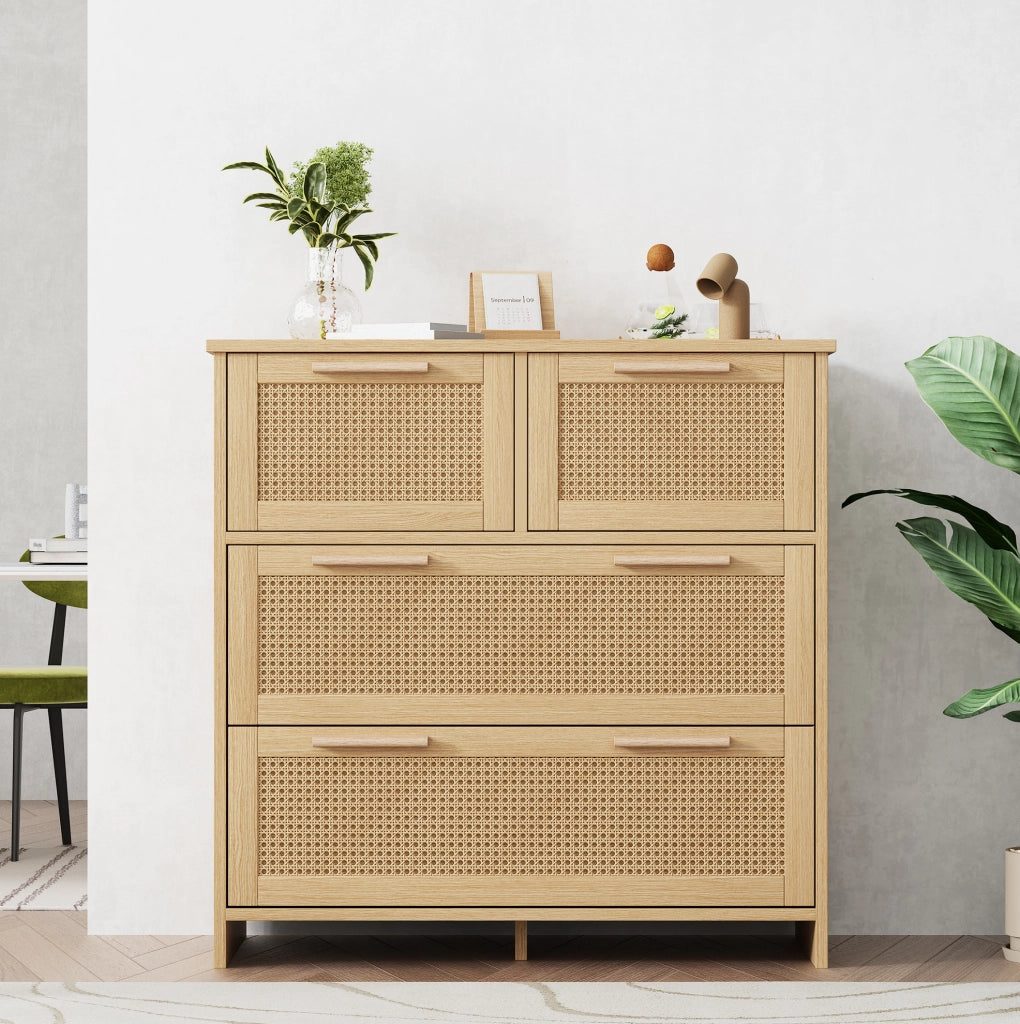 Cassettiera in MDF effetto rattan naturale con 4 cassetti 80x80x38 cm