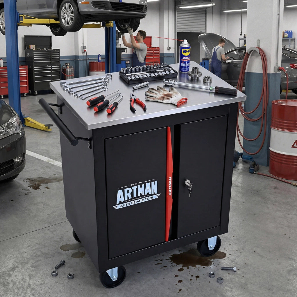 Carrello porta attrezzi multifunzione a due ante in acciaio nero e rosso con ruote e serratura