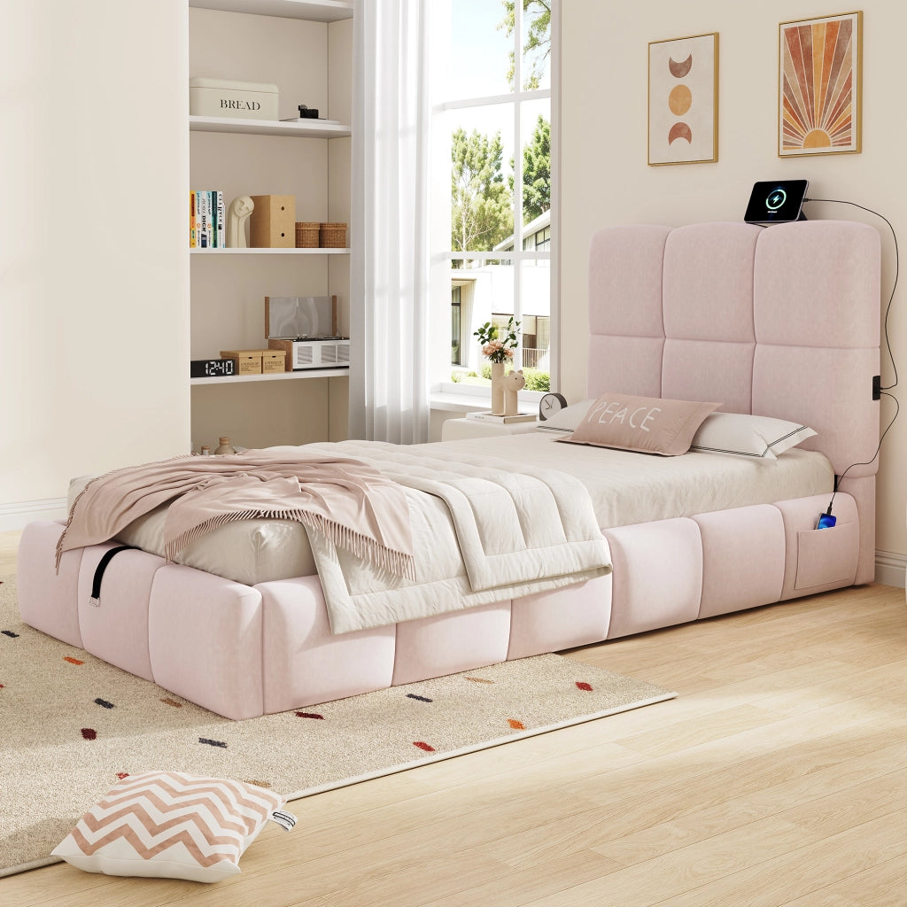 Letto per bambini imbottito con vano contenitore idraulico e USB tipo C in velluto rosa 90 × 200 cm