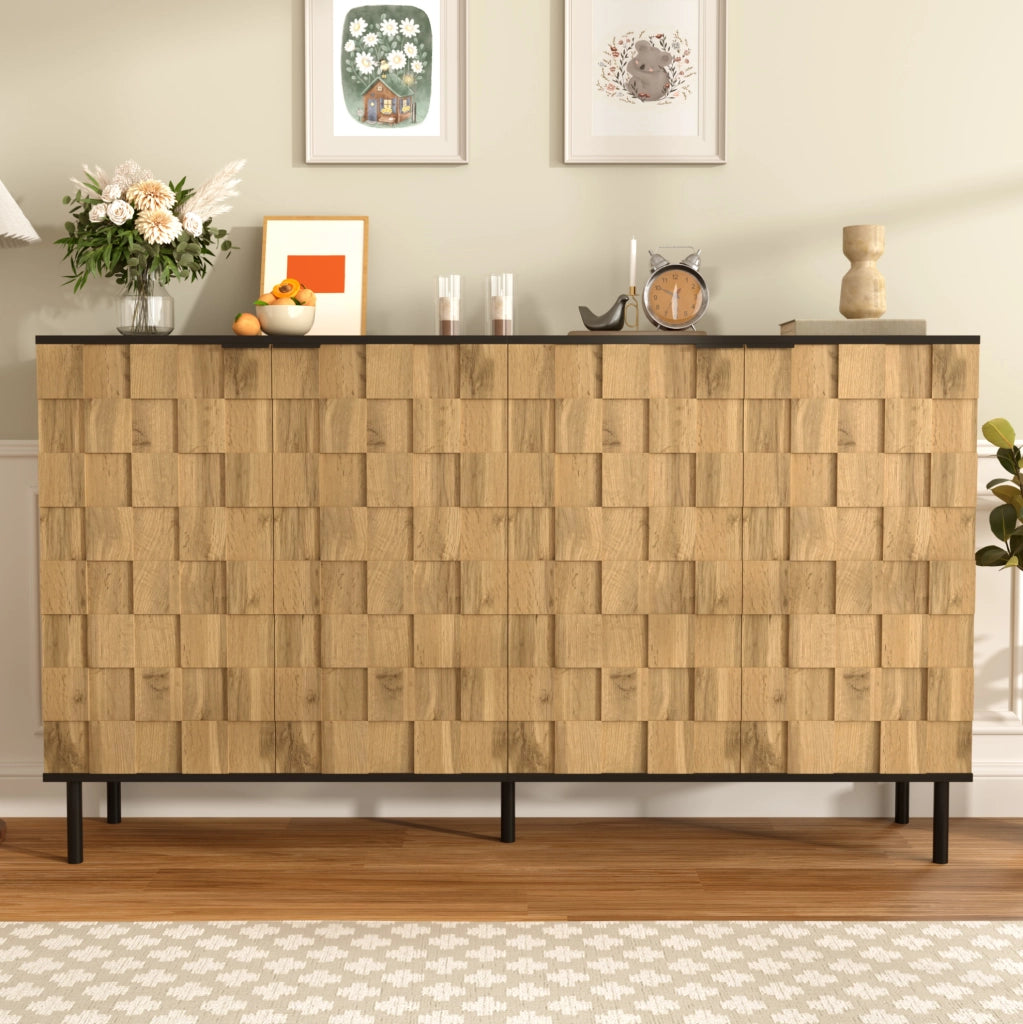 Credenza 160x35x80;5 cm a 2 ante con motivo mosaico in truciolare; naturale e nero