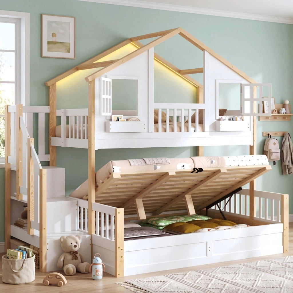 Letto a castello per bambini 90 × 200 cm e 140 × 200 cm in legno bianco con LED e scala contenitore
