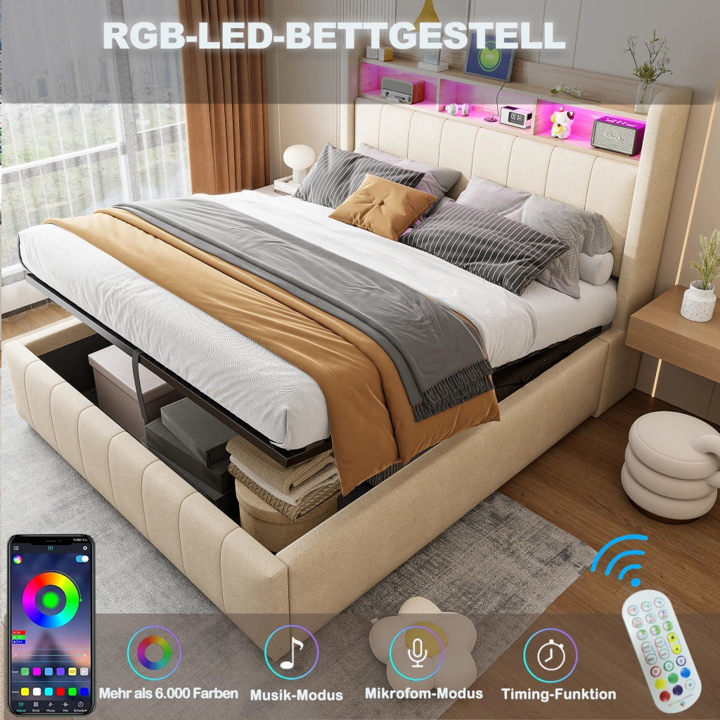 Letto imbottito matrimoniale 140x200 cm con LED e presa USB, testiera con ripiani e contenitore, sollevamento idraulico, per adulti, lino - Beige