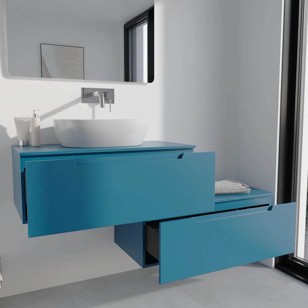 Mobile bagno sospeso modulare 90cm dusk blue opaco due cassetti con top | Bako