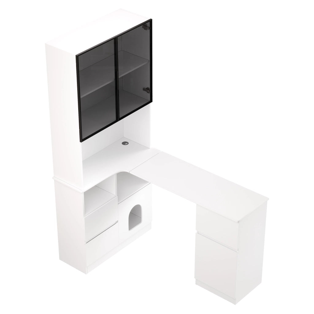 Scrivania angolare con libreria e vetrina LED, 3 cassetti e vano per animali, per studio, MDF bianco, 120 × 80 × 180 cm