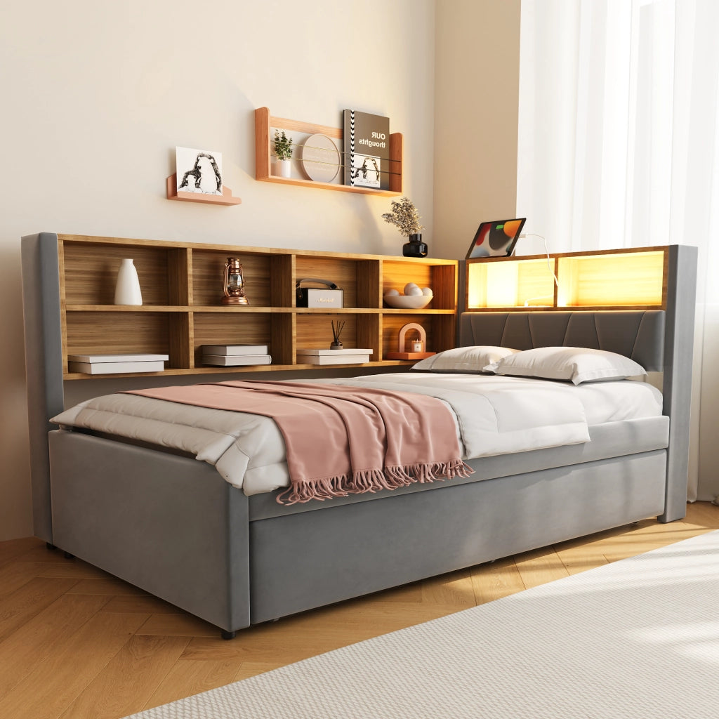 Divano letto 90x200 cm con estraibile 90x190; LED; prese USB e Type-C; vani; flanella grigio scuro