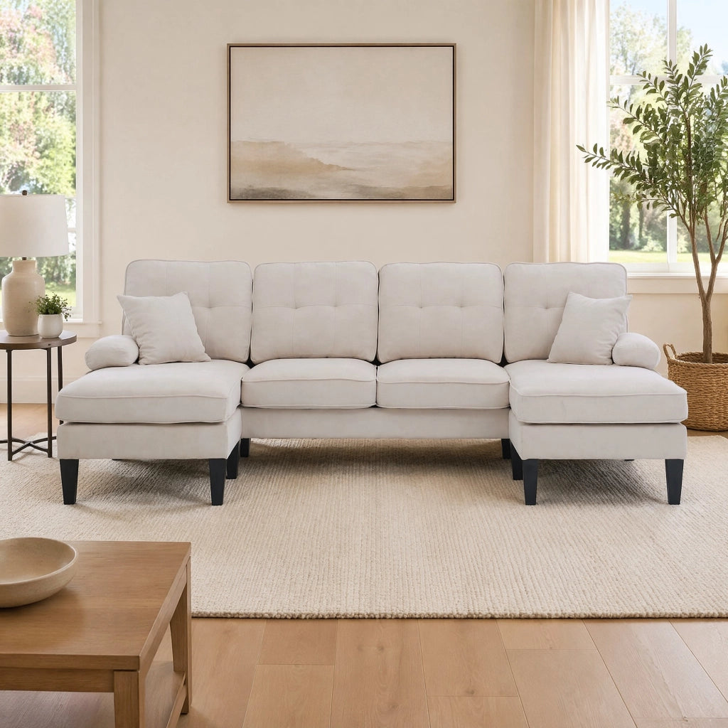 Divano a U 4 posti con doppia chaise longue, tasche e porte USB/USB-C in lino beige