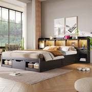 Letto con cassetti 140 × 200 cm con testiera e pediera contenitore LED a 7 colori in MDF nero