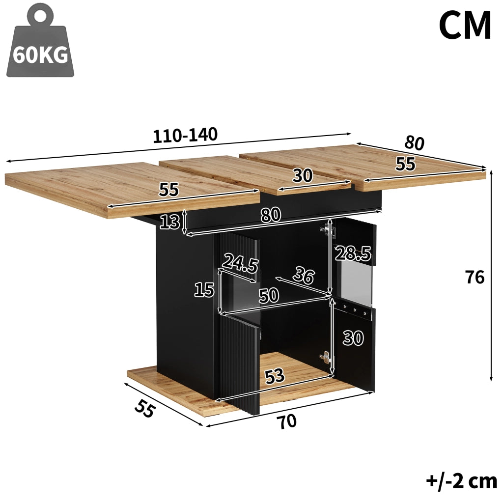 Tavolo da pranzo allungabile 110-140x80 cm con vano contenitore LED; MDF nero effetto legno