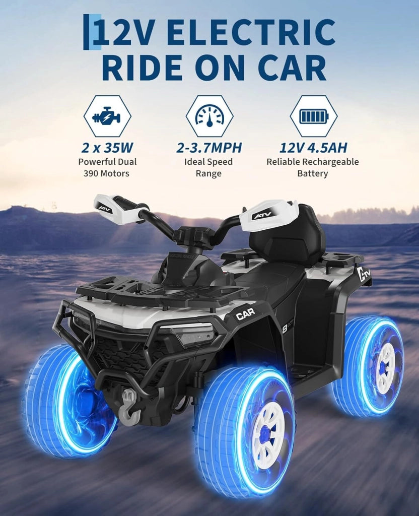 Quad Elettrico per Bambini 12V ATV con Musica; Clacson e Fari LED; 95x55x56 cm; per 3-8 Anni - Bianco