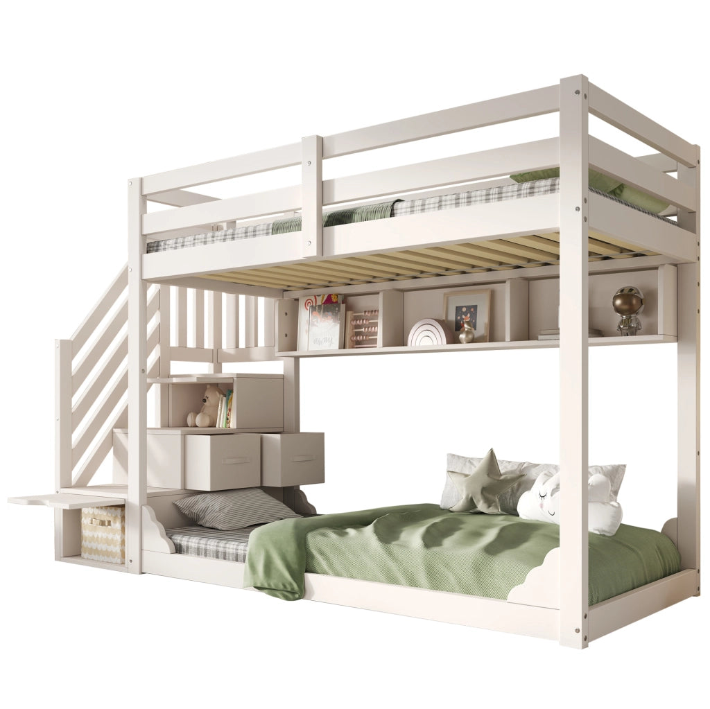 Letto a castello in legno bianco 90x200 cm per bambini con scala armadio e spazio contenitore, senza materasso