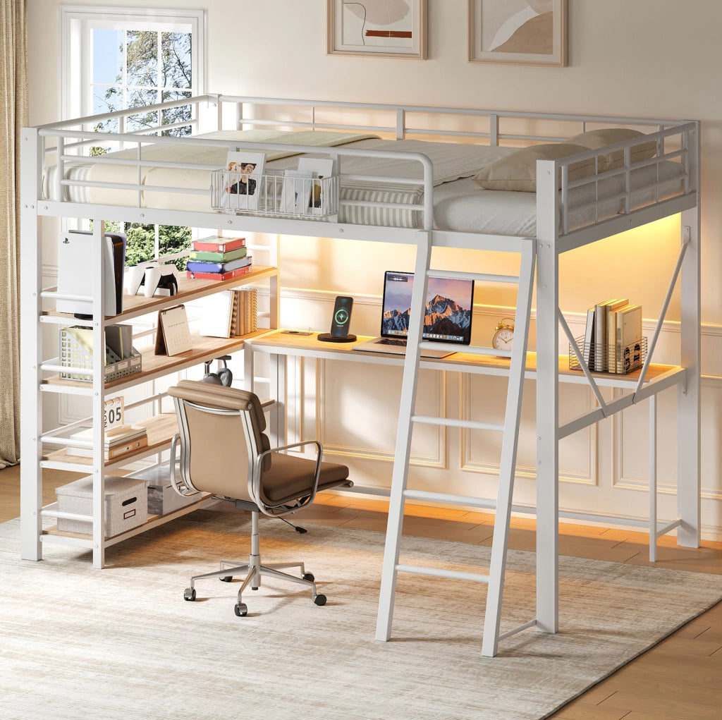 Letto a soppalco 140x200 cm con scrivania, LED e USB