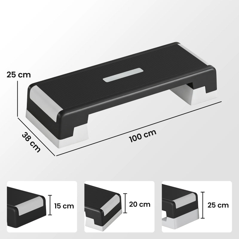 Pedana step regolabile in altezza, stepper aerobico fitness con 3 livelli (15/20/25 cm), tappetino antiscivolo, nero e grigio