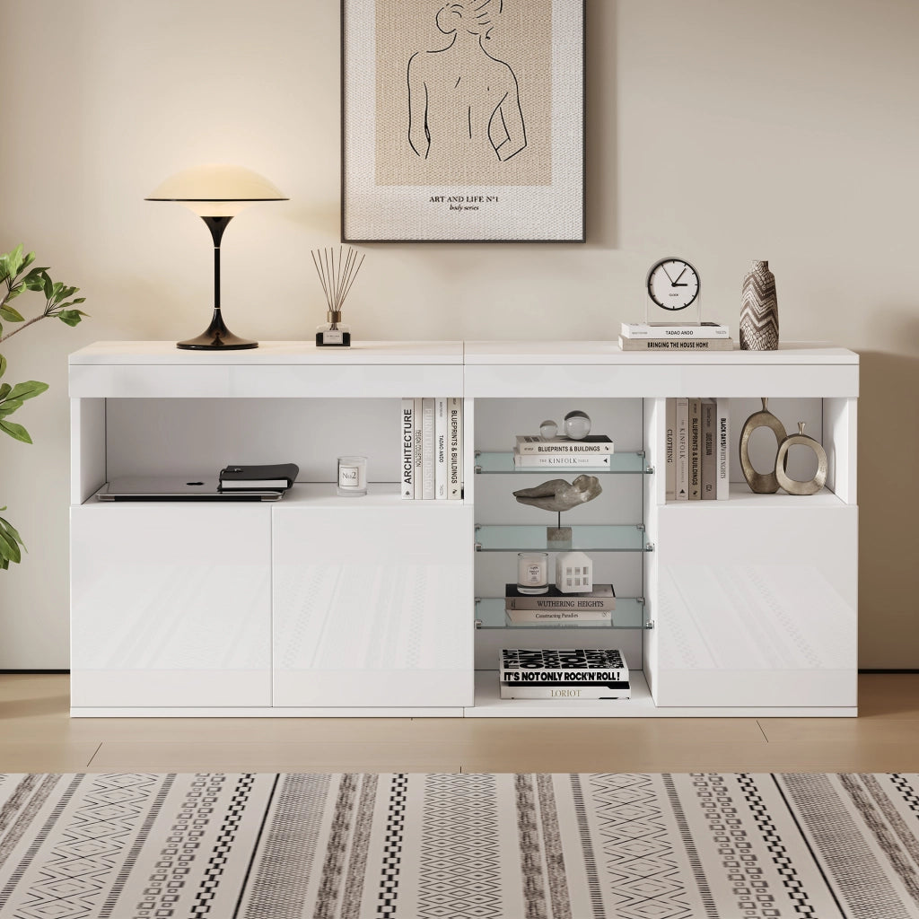 Credenza da soggiorno 155;5 x 35 x 72 cm con LED e finitura lucida; bianco