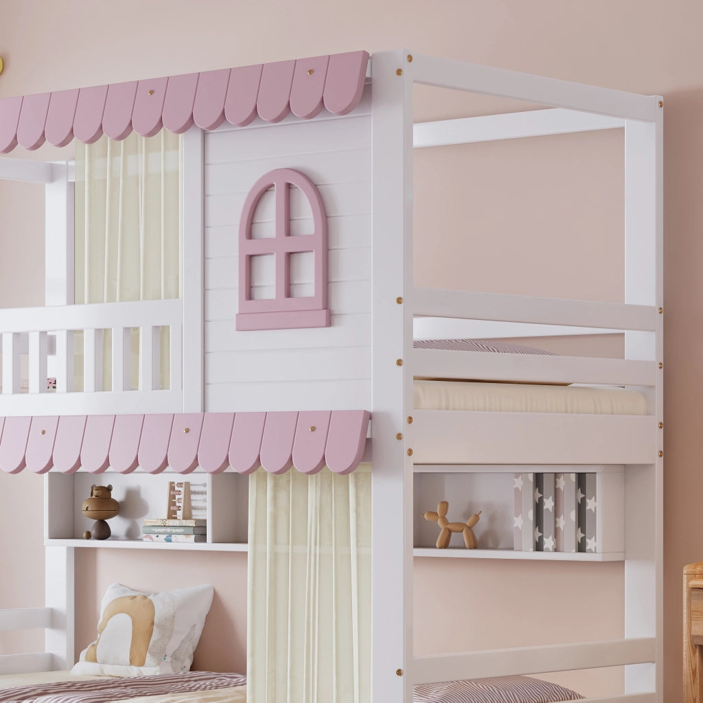 Letto a castello per bambini 90x200 cm con 2 cassetti; mensole; finestre e tende; pino MDF bianco rosa