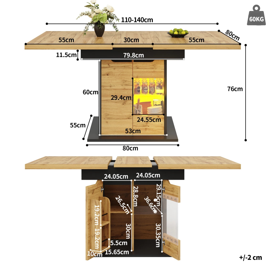 TAVOLO da pranzo allungabile 110-140x80 cm MDF Vetro Nero+Naturale