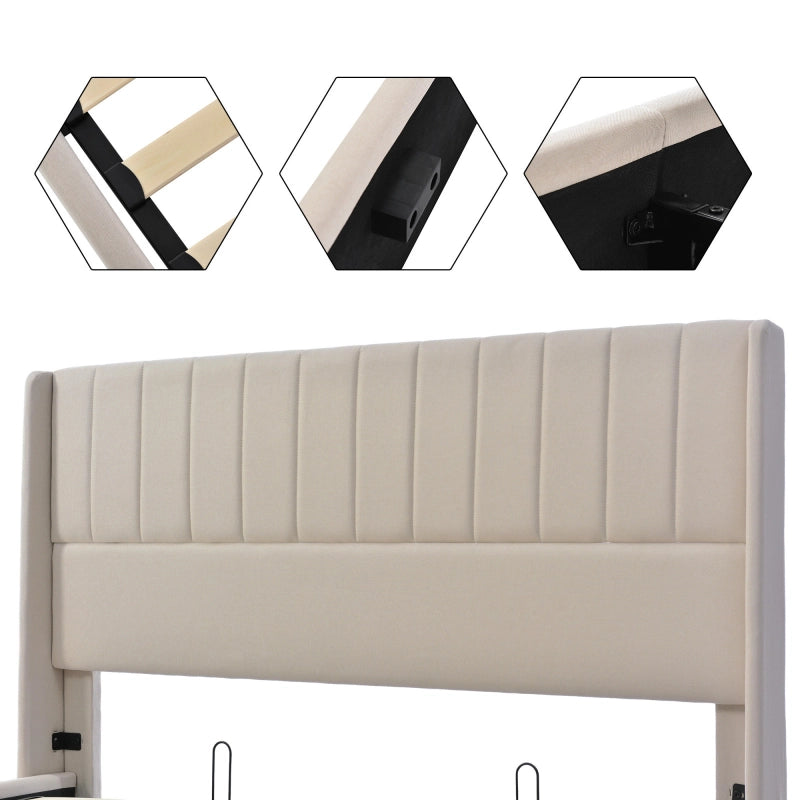 Letto Contenitore Matrimoniale 160x200 cm; Letto Imbottito in Lino Beige con Testiera; Rete a Doghe e Sollevamento Idraulico; Struttura Letto