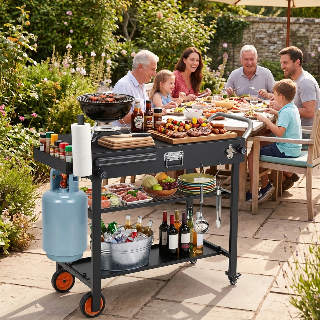 Carrello per barbecue pieghevole metallo resistente al calore, Isola cucina esterna 3 ripiani ruote maniglie 109x46x87cm