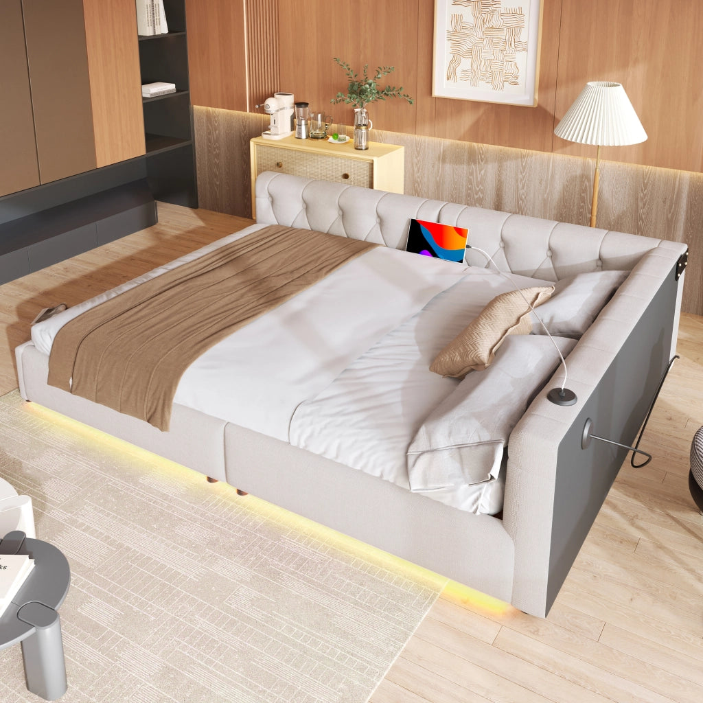 Letto divano matrimoniale 140 × 200 cm con USB; ricarica tipo C e LED regolabile; senza materasso; beige