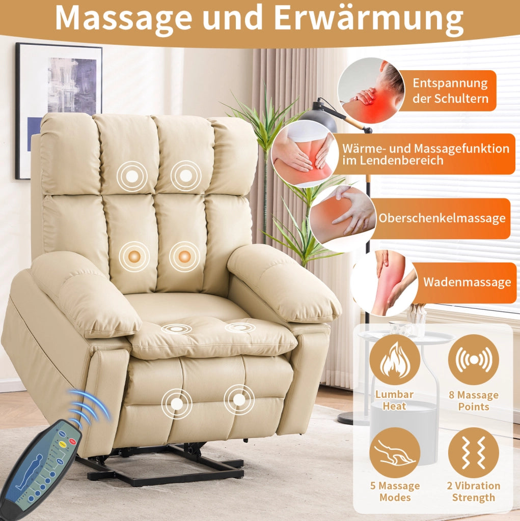 Poltrona Relax Elettrica con Doppio Motore, Funzione Alzapersone, Massaggio e Riscaldamento, Tessuto Crema, Poggiatesta Regolabile e Porta Bicchiere Integrato