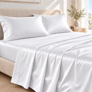 Completo Letto Lenzuola Matrimoniale In Raso Cotone Set Biancheria Letto Tinta Unita Prodotto Certificato OekoTex Due Piazze,Tinta Unita Lenzuolo sopra, sotto e Federe Bianco
