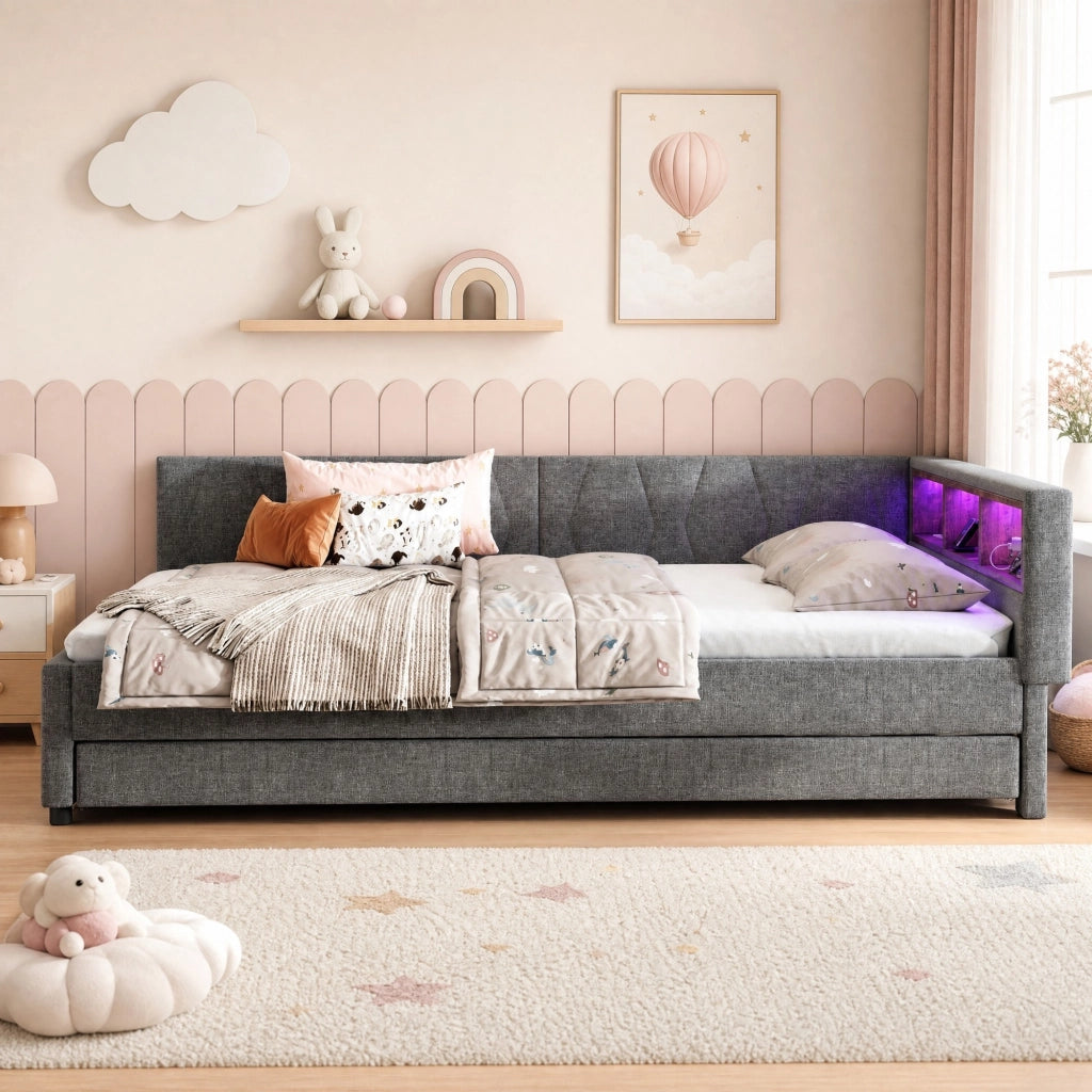Letto 140x200 cm estraibile con LED, USB e USB-C in lino e MDF grigio