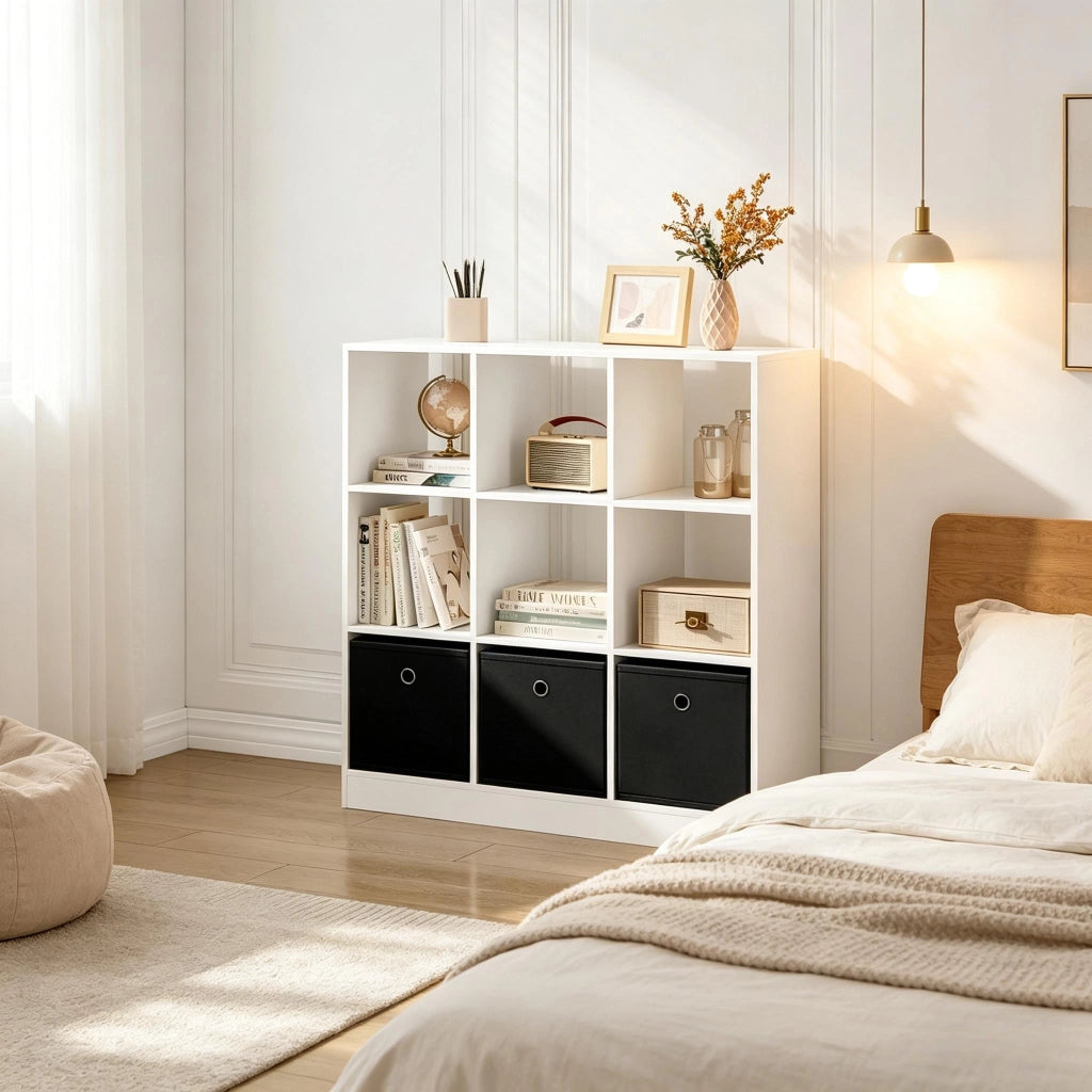 Libreria a cubi con 3 cassetti in tessuto legno ingegnerizzato bianco e nero 80 × 86.5 × 30 cm