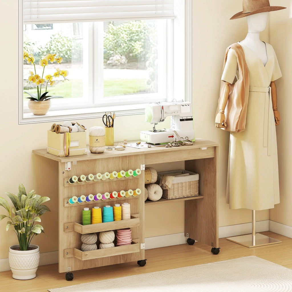 Table de Couture Pliante, Meuble Couture Roulant, Porte Magnétique de Grange, 2 Bacs, Étagère, 18 Chevilles, Naturel