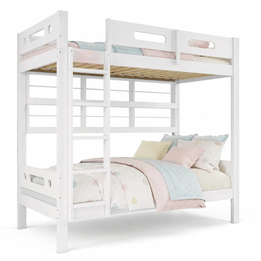 Letto a castello per bambini 90x200 cm in legno e MDF bianco con ripiani