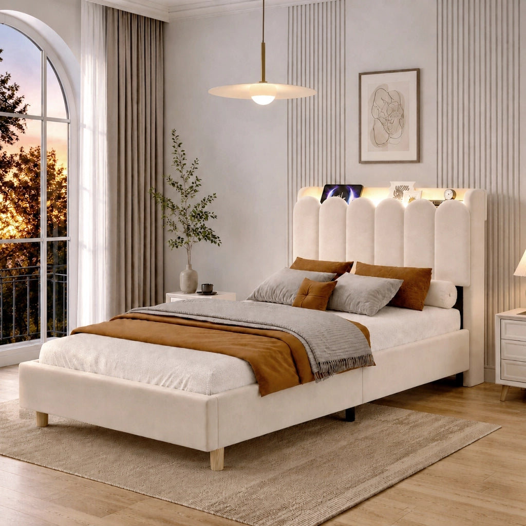 Letto imbottito per bambini in velluto 90 x 200 cm, letto singolo con luce da lettura, USB, Type-C, testiera trapuntata e rete a doghe, beige