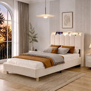 Letto imbottito per bambini in velluto 90 x 200 cm, letto singolo con luce da lettura, USB, Type-C, testiera trapuntata e rete a doghe, beige