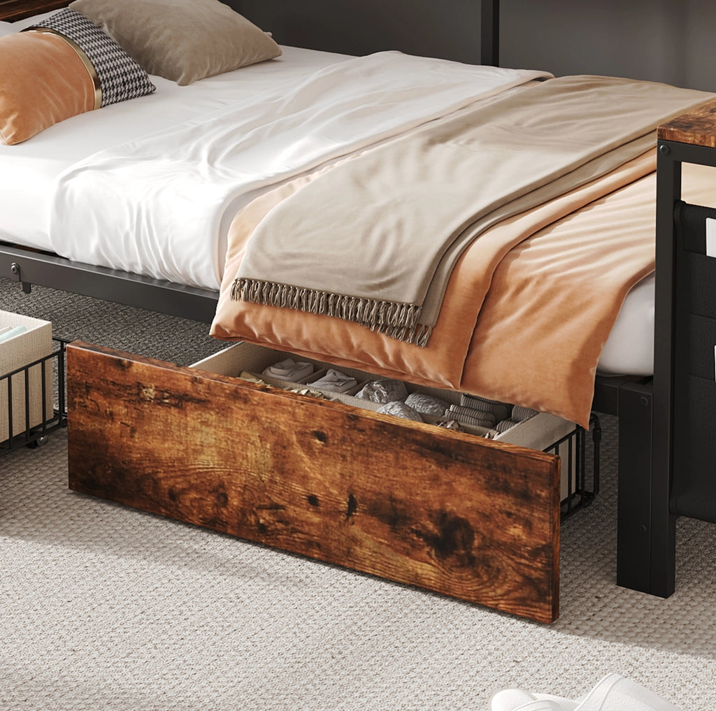 Letto singolo 120x200 cm in metallo e legno con 2 cassetti e porta di ricarica HOMVRA