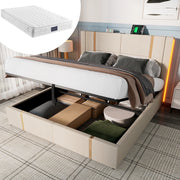 Letto imbottito 140x200 cm con materasso, contenitore, LED, USB e USB-C beige