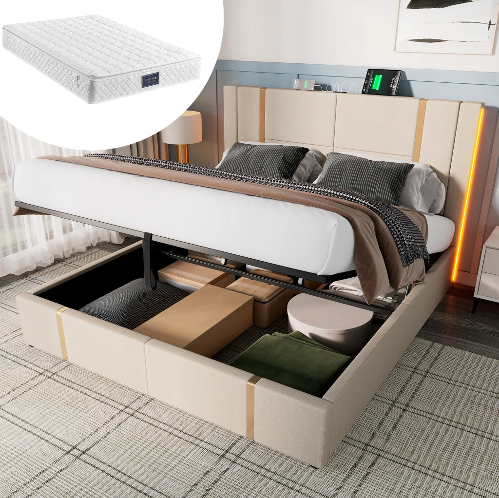 Letto imbottito 140x200 cm con materasso, contenitore, LED, USB e USB-C beige