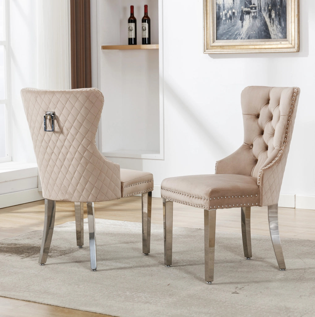 Sedia da pranzo imbottita in velluto beige con schienale decorato e gambe in metallo, set da 2