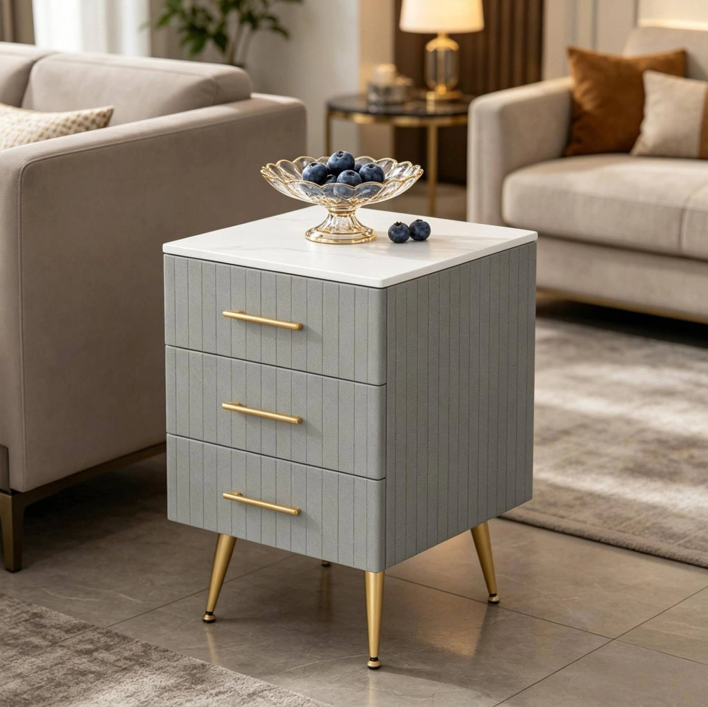 Comodino grigio con 3 cassetti in MDF, velluto e legno massello, 40,5x62x41 cm