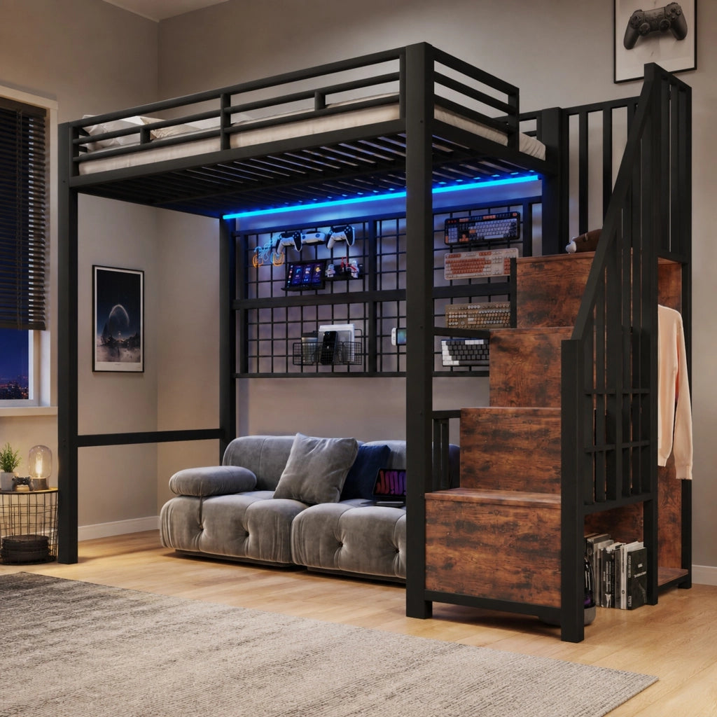 Letto a soppalco 90 × 200 cm con scala guardaroba griglia appendibile luci LED 7 colori metallo nero