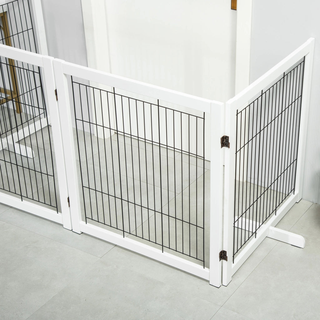 Cancelletto per cani a 4 pannelli pieghevole in legno e rete d'acciaio bianco 305 × 35.5 × 82 cm