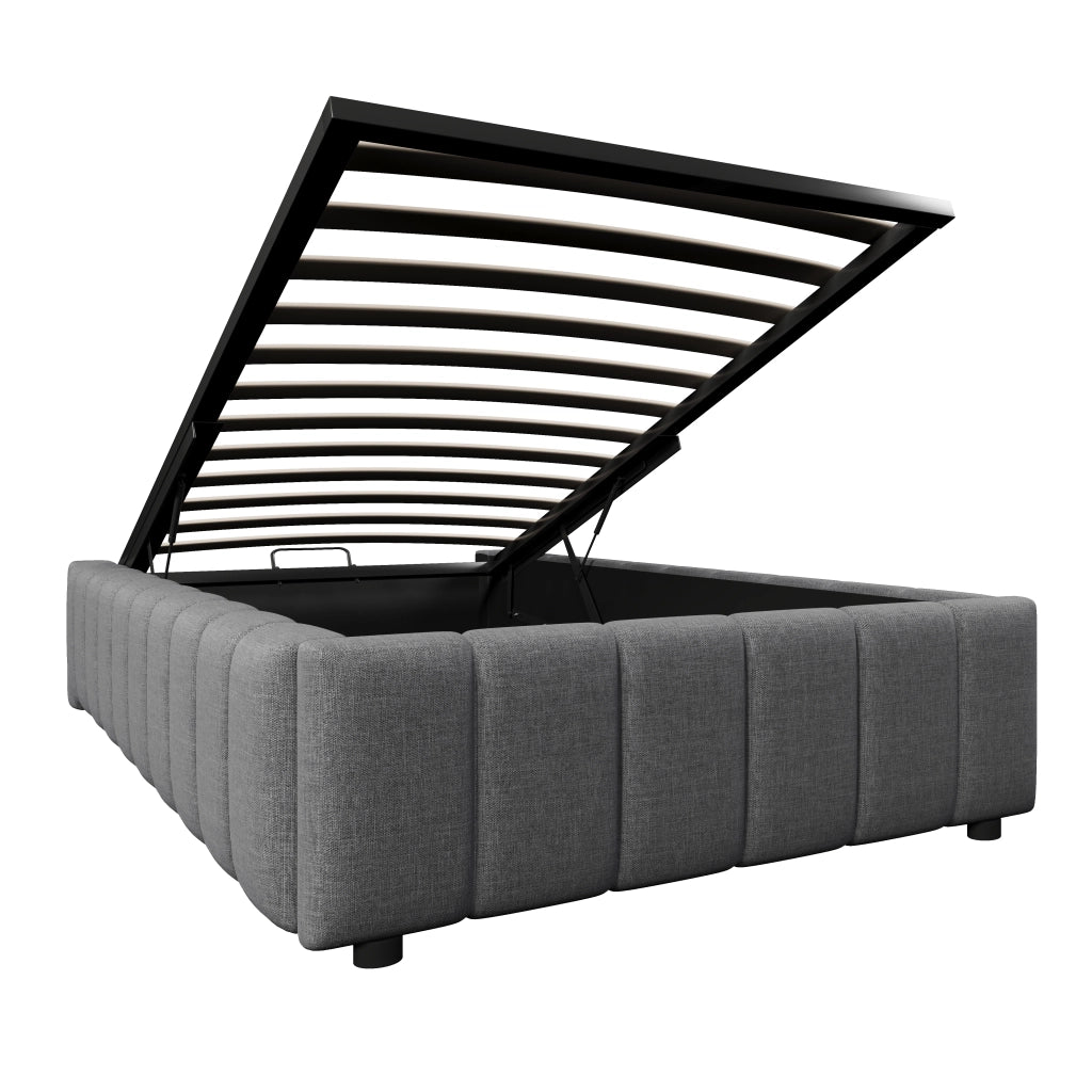 Letto contenitore singolo 90 × 200 cm con sollevamento idraulico; senza materasso; in lino e MDF; grigio